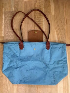 Classic Longchamp Blue Tote Bag with Brown Trim